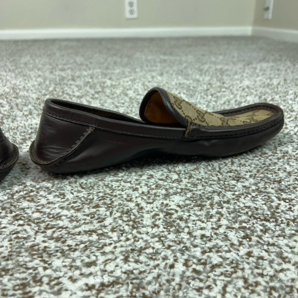 Gucci Mens Shoes Size 7.5 Brown Leather Canvas Loafers Slip On GG Monogram Italy
